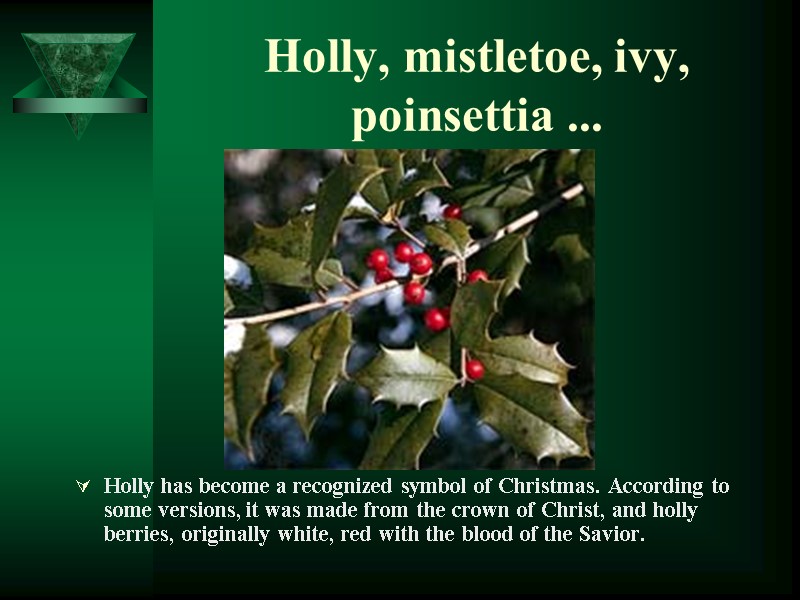 Holly, mistletoe, ivy, poinsettia ... Holly has become a recognized symbol of Christmas. According